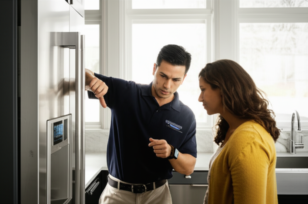 Friendly technician consulting with homeowner about appliance repair